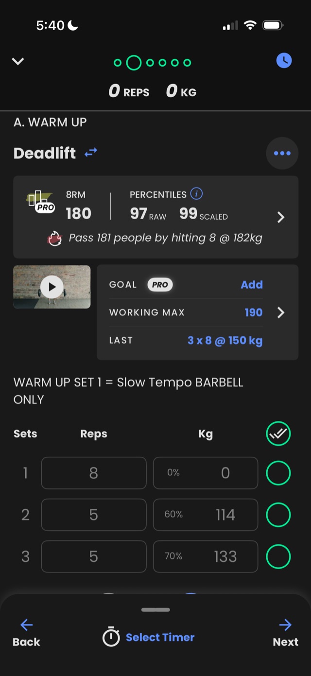 The RTB program in the TrainHeroic app showing a deadlift set with the weight already worked out
